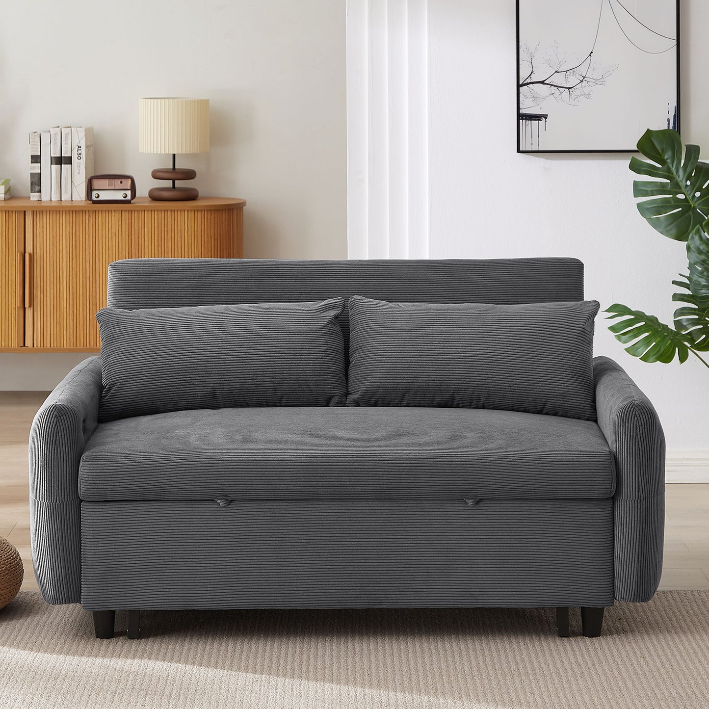 Pull Out Sofa Bed Convertible Couch 2 Seat Loveseat Sofa Modern Sleeper Sofa With 2 Throw Pillows And USB Ports For Living Room - Dark Gray