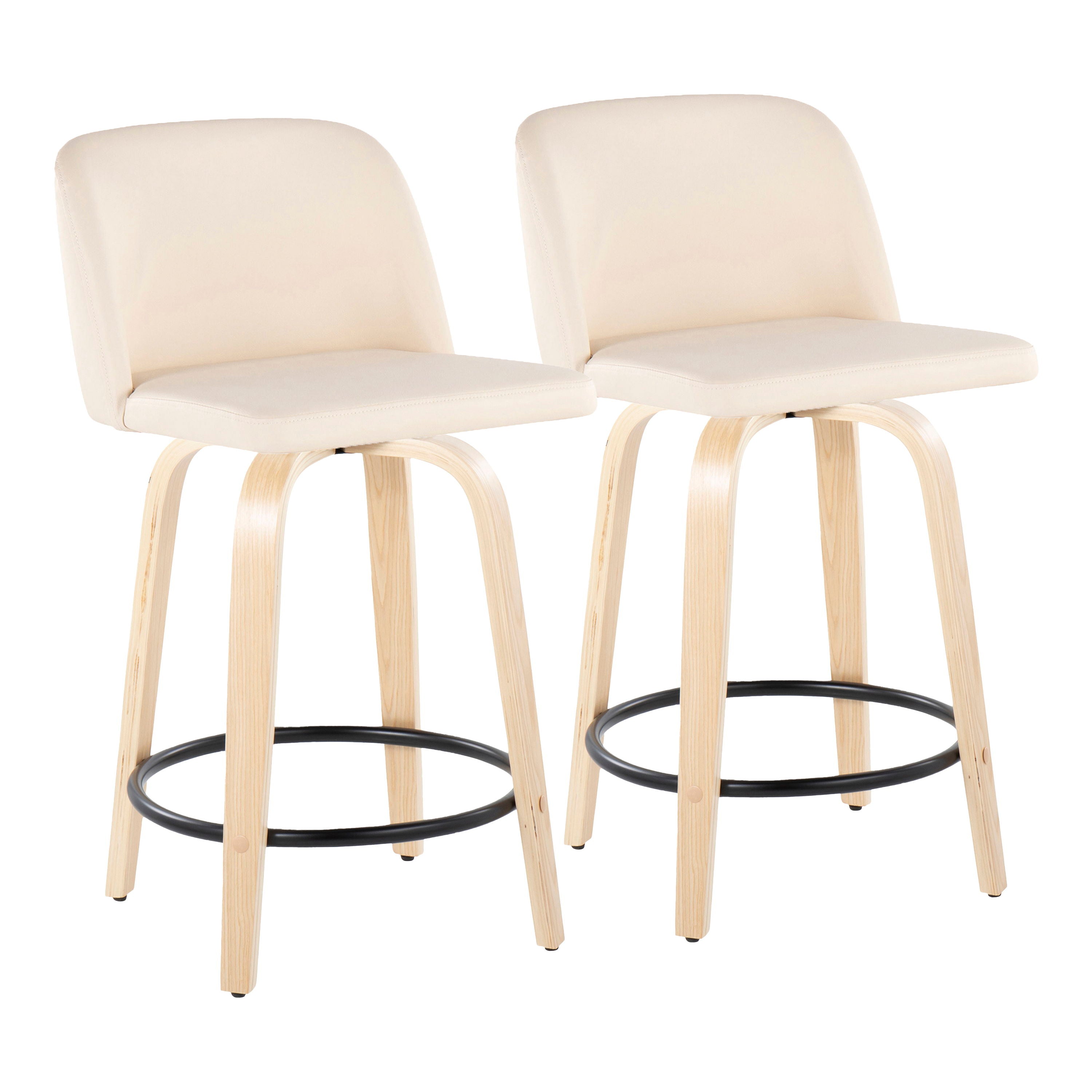 Toriano - Contemporary Fixed Height Counter Stool With Swivel And Round Footrest (Set of 2) - Natural / Cream