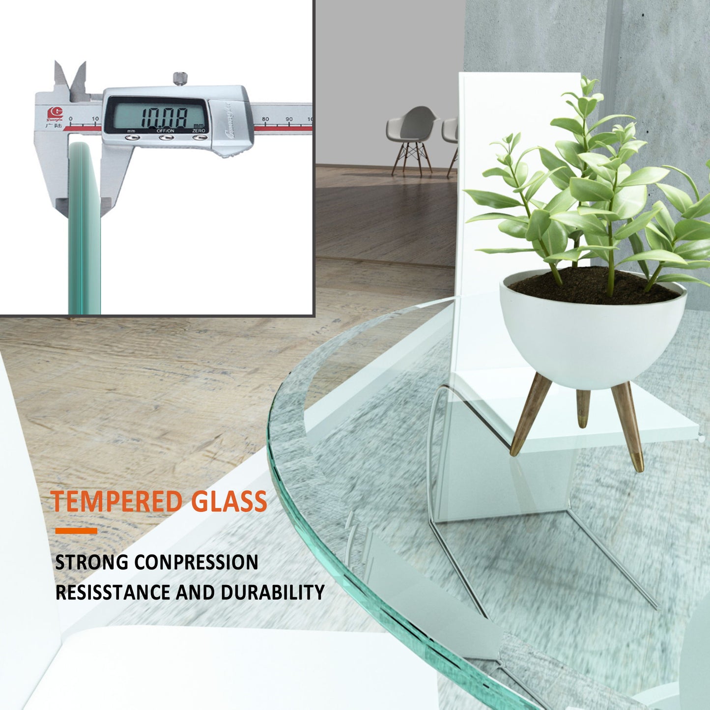 32" Round Tempered Glass Table, Top Clear Glass 2 / 5" Thick Beveled Polished Edge - Transparent