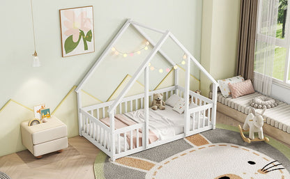 Twin Wood House-Shaped Floor Bed With Fence, Guardrails - White