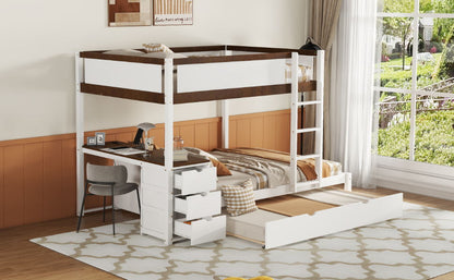 Full Over Full Bunk Bed With Twin Size Trundle, Storage And Desk - White / Walnut