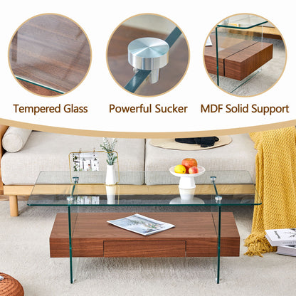 Modern 2 Tier Coffee Table With Drawer Clear Tempered Glass, Multifunctional Storage - Transparent / Wood