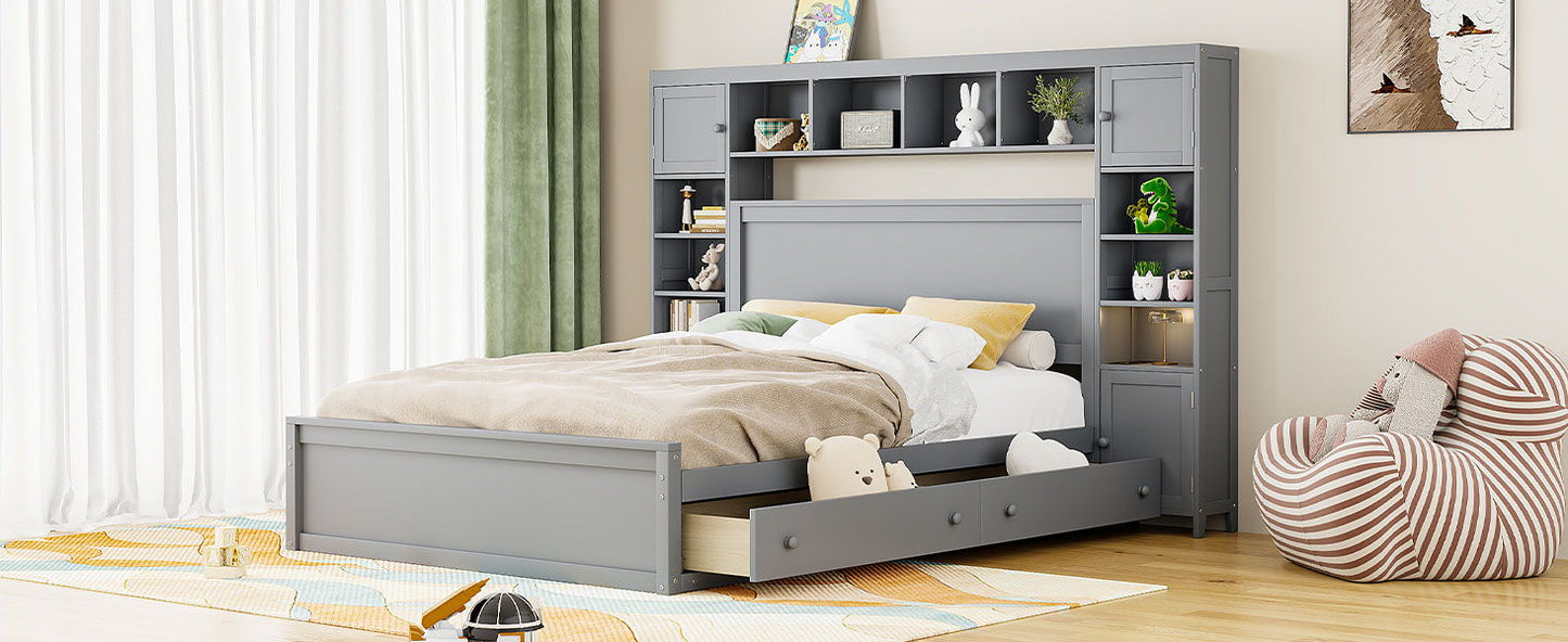 Queen Size Bed With All In One Cabinet, Shelf And Sockets - Gray