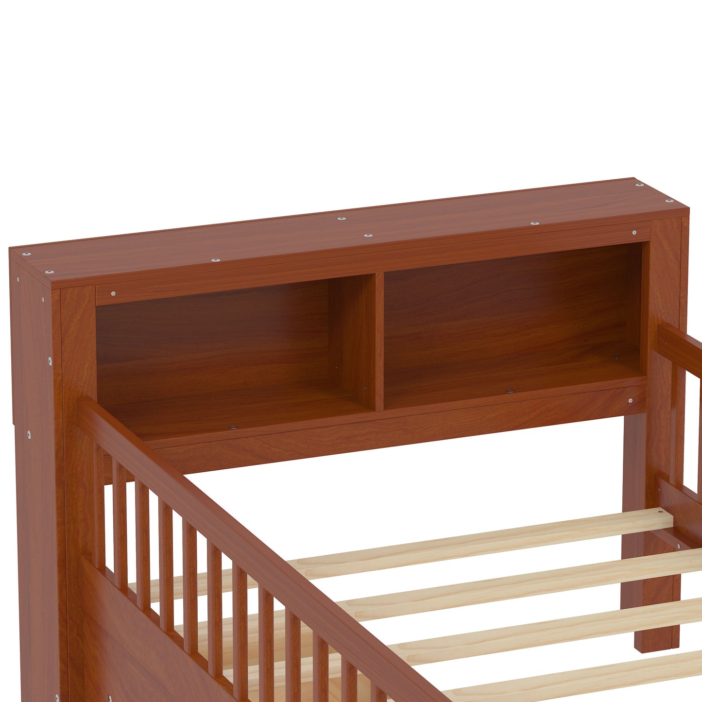Twin Size Bed With Headboard Storage Rack, 2 Under Bed Drawers, 3 - Side Guardrails For Safety And Security - Walnut