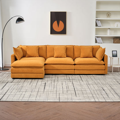 Modular Chenille L Shaped Sofa With Ottoman, Deep Seat, Cushions - Orange