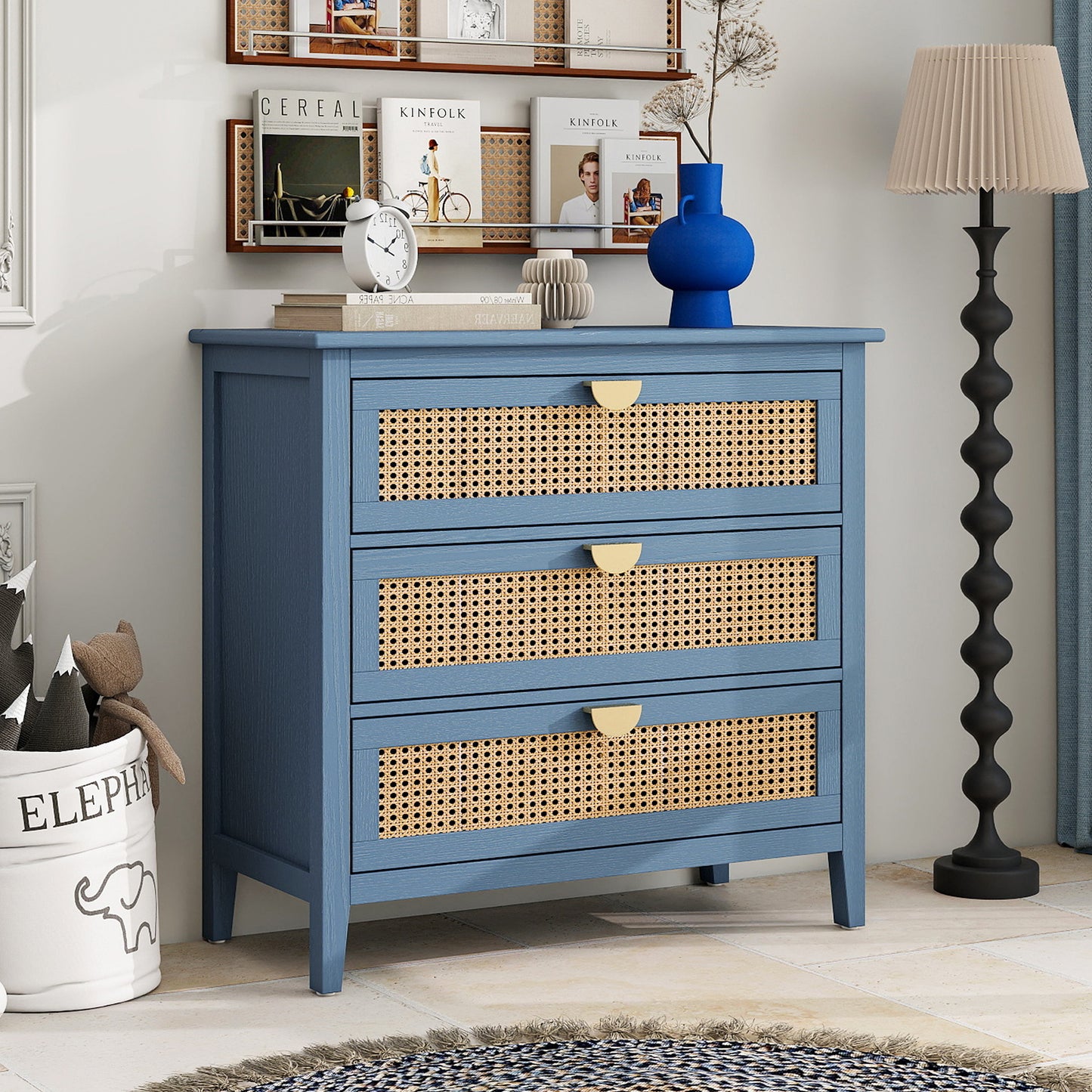 3 Drawer Cabinet Natural Rattan Suitable For Bedroom - Blue