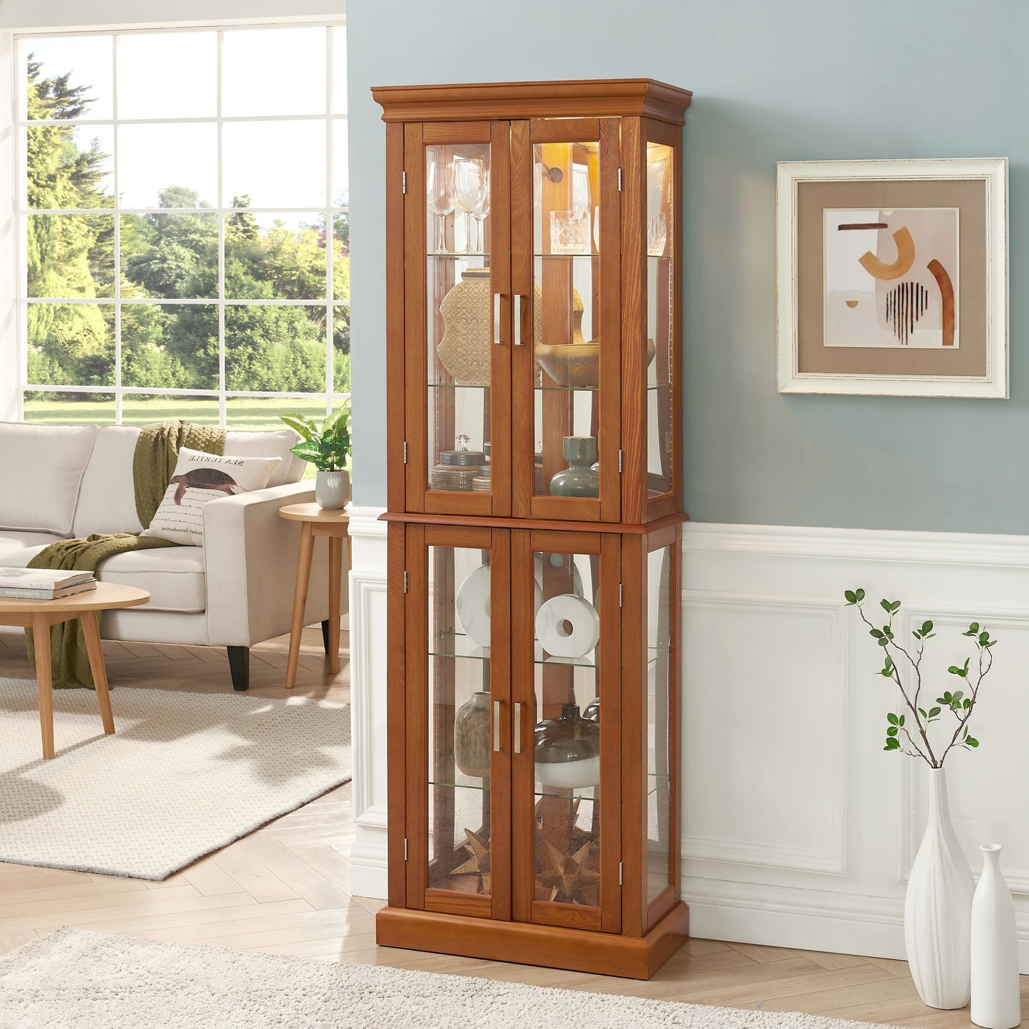 Curio Cabinet Lighted Curio Diapaly Cabinet With Adjustable Shelves And Mirrored Back Panel, Tempered Glass Doors (6 Tier), (E26 Light Bulb Not Included) - Oak