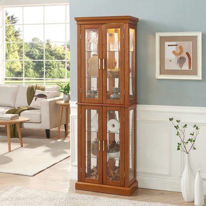 Curio Cabinet Lighted Curio Diapaly Cabinet With Adjustable Shelves And Mirrored Back Panel, Tempered Glass Doors (6 Tier), (E26 Light Bulb Not Included) - Oak