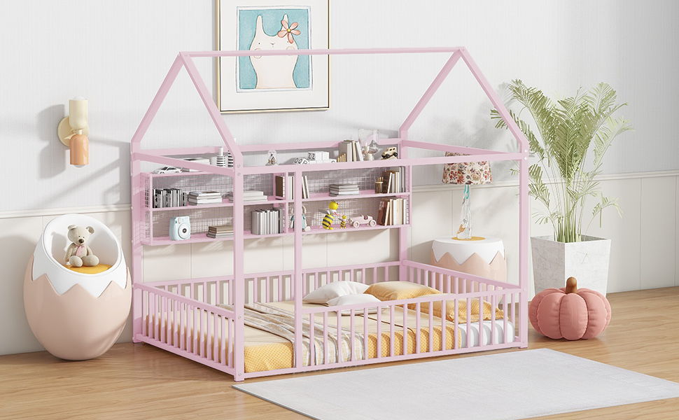Full Size Bed House Frame With Fence And Shelves - Pink