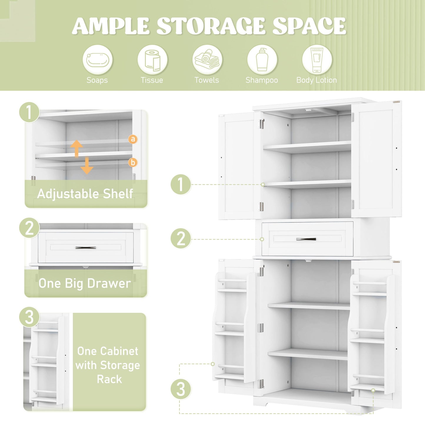 Bathroom Storage Cabinet With Multi Functional Storage Space, Drawer With Slide Rails, Adjustable Shelf - White