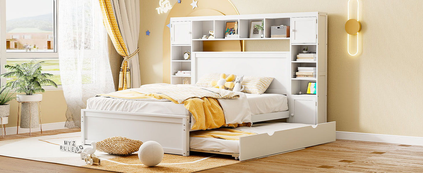 Queen Size Bed With All In One Cabinet, Shelf And Sockets, Twin Long Trundle - White