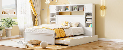 Queen Size Bed With All In One Cabinet, Shelf And Sockets, Twin Long Trundle - White