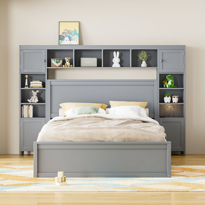 Queen Size Bed With All In One Cabinet, Shelf And Sockets - Gray