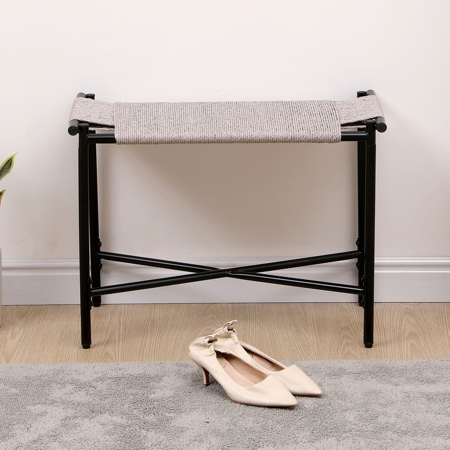 Boho Hand Woven Entryway Ottoman Vanity Chair Footrest Stool For Living Room Sofas - Gray