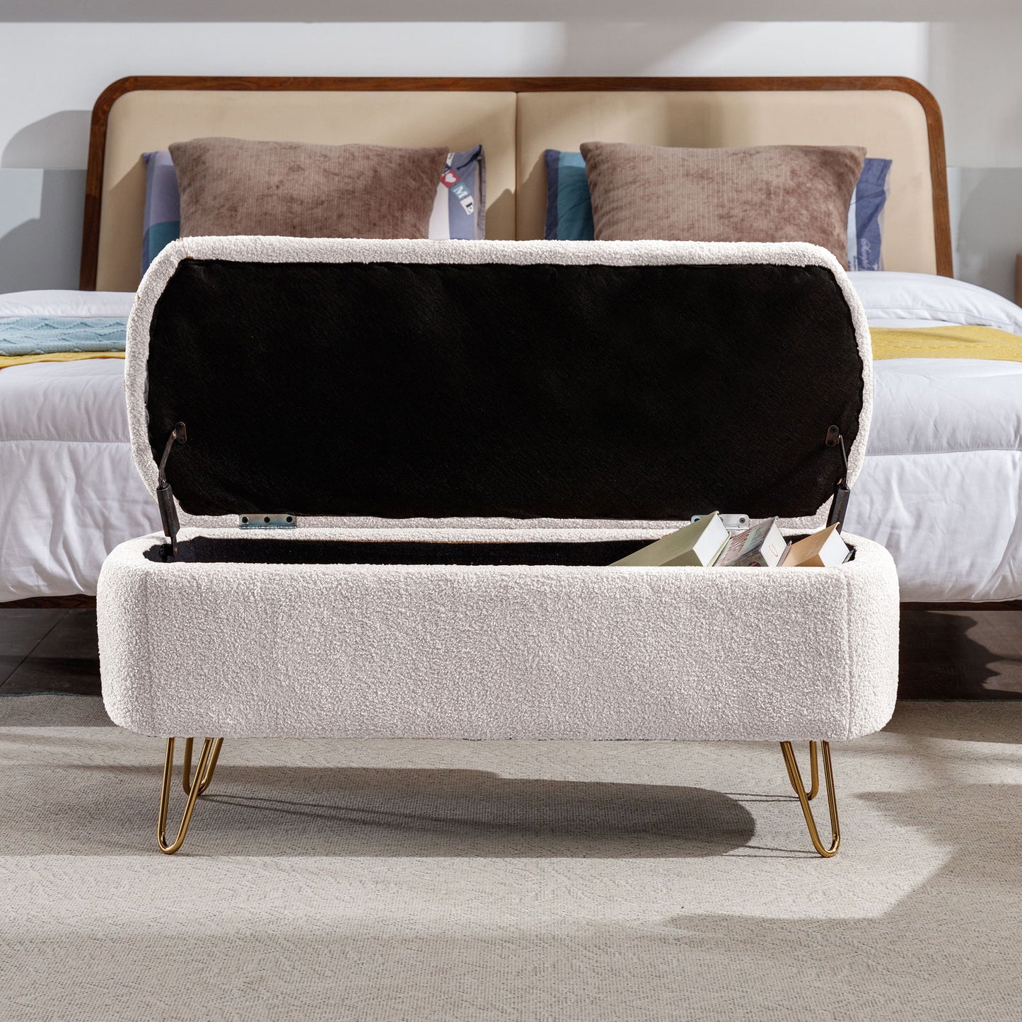 Storage Ottoman Bench For End Of Bed Gold Legs, Modern Ivory White Faux Fur Entryway Bench Upholstered Padded With Storage For Living Room Bedroom - Ivory