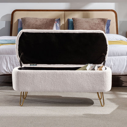 Storage Ottoman Bench For End Of Bed Gold Legs, Modern Ivory White Faux Fur Entryway Bench Upholstered Padded With Storage For Living Room Bedroom - Ivory