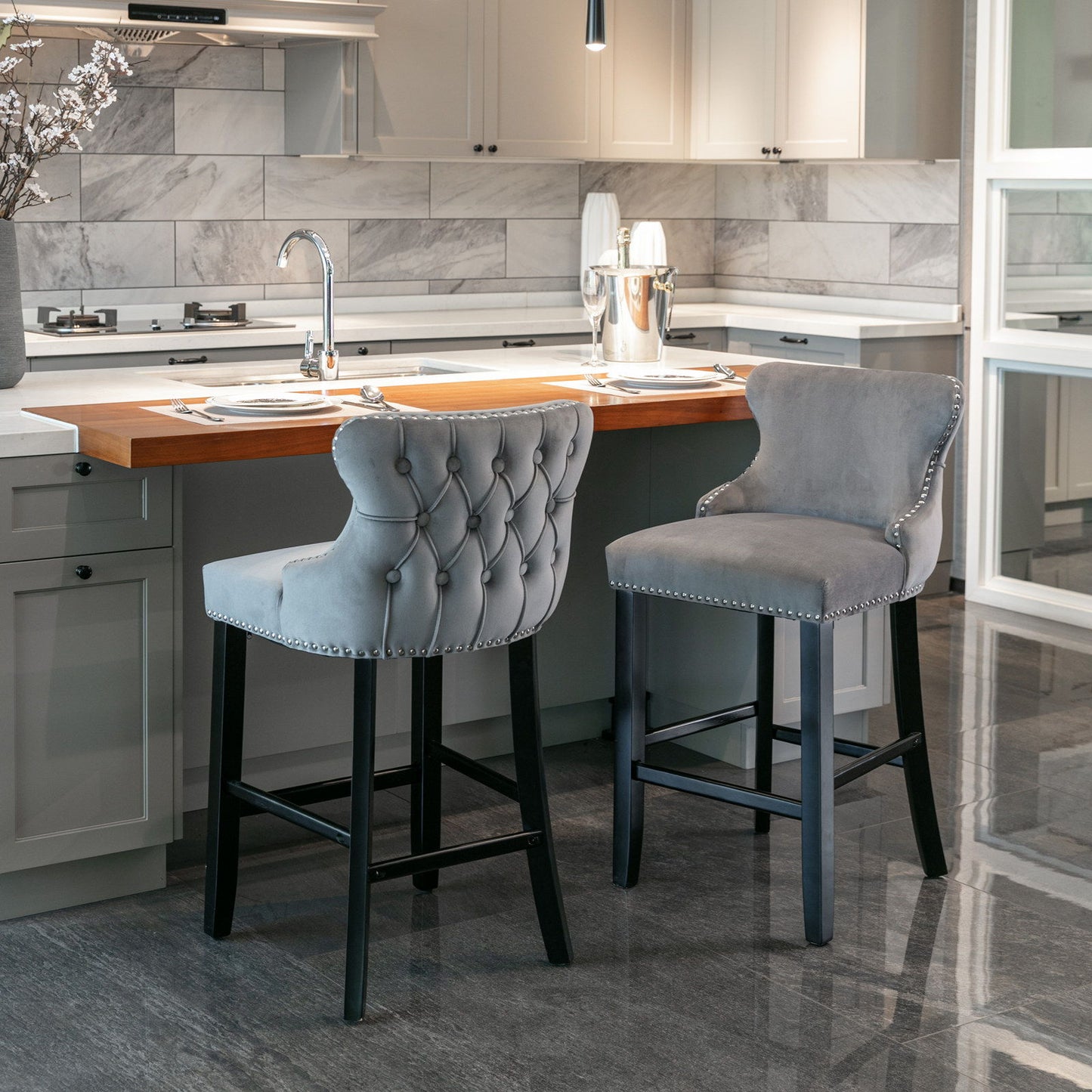 Contemporary Velvet Upholstered Wing-Back Barstools With Button Tufted Decoration And Wooden Legs, And Chrome Nailhead Trim, Leisure Style Bar Chairs, Bar Stools (Set of 4) - Gray