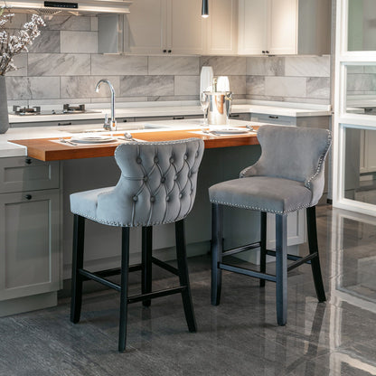 Contemporary Velvet Upholstered Wing-Back Barstools With Button Tufted Decoration And Wooden Legs, And Chrome Nailhead Trim, Leisure Style Bar Chairs, Bar Stools (Set of 4) - Gray