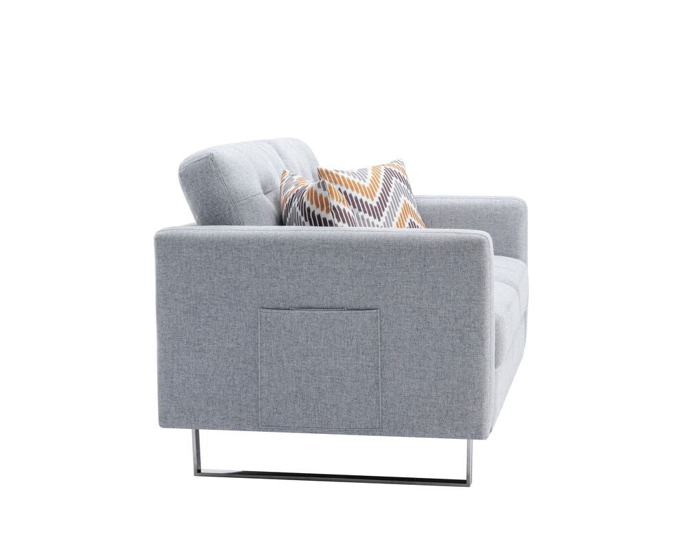 Victoria - Linen Fabric Loveseat With Metal Legs, Side Pockets, And Pillows - Light Gray