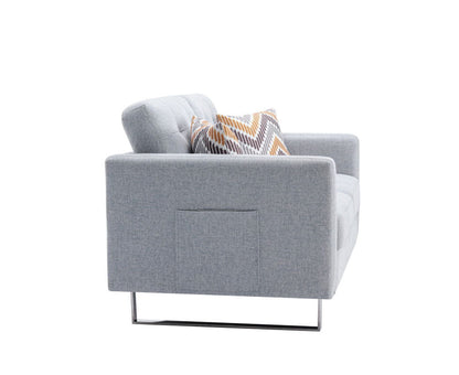 Victoria - Linen Fabric Loveseat With Metal Legs, Side Pockets, And Pillows - Light Gray