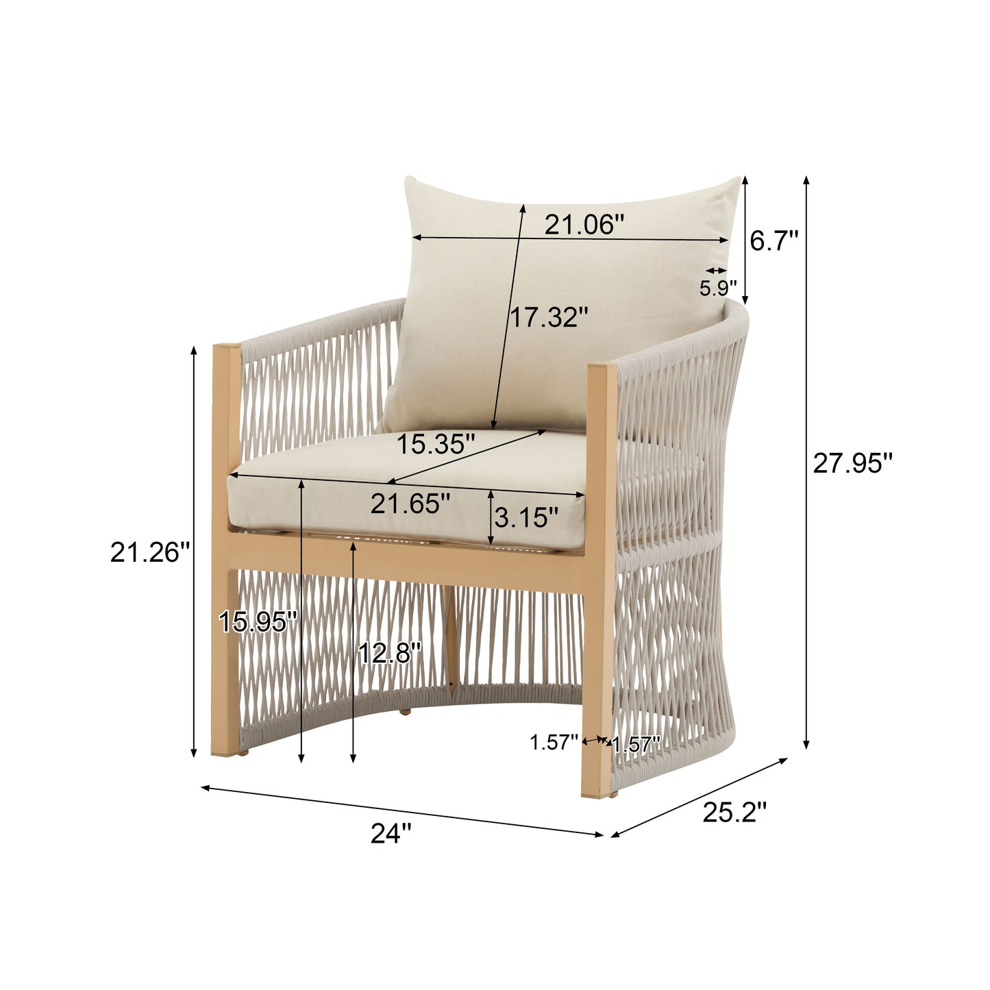 Modern Lounge Chair With Curved Aluminum Frame, Rope Weave Design, And Cushioned Comfort For Outdoor Living - Beige / Natural