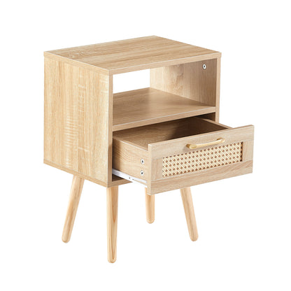 15.75" Rattan End Table With Drawer And Solid Wood Legs, Modern Nightstand, Side Table For Living Room, Bedroom - Natural
