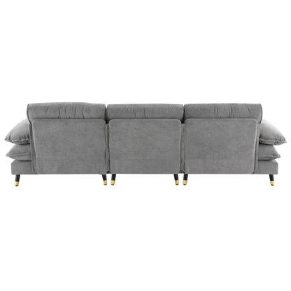 L Shaped Convertible Sectional Sofa 4 Seat Tufted Couch Set With Two Tone Adjust Legs Cloud Movable Ottoman - Gray