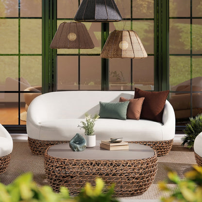 Willow - Upholstered Woven Patio Deep Seating Sofa, Wicker Frame - Wheat Beige / Golden Brown