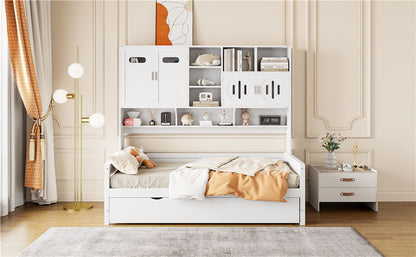 Twin Size Wooden Daybed With Twin Size Trundle, And All In One Cabinet And Shelf - White