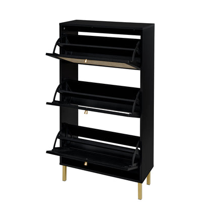 Modern Rattan 3 Door Shoe Rack Cabinet For Entryway Freestanding Black Storage Unit In Particle Board - Black