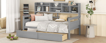 Twin Size Daybed, Slat Support, With Bedside Shelves And 2 Drawers - Gray