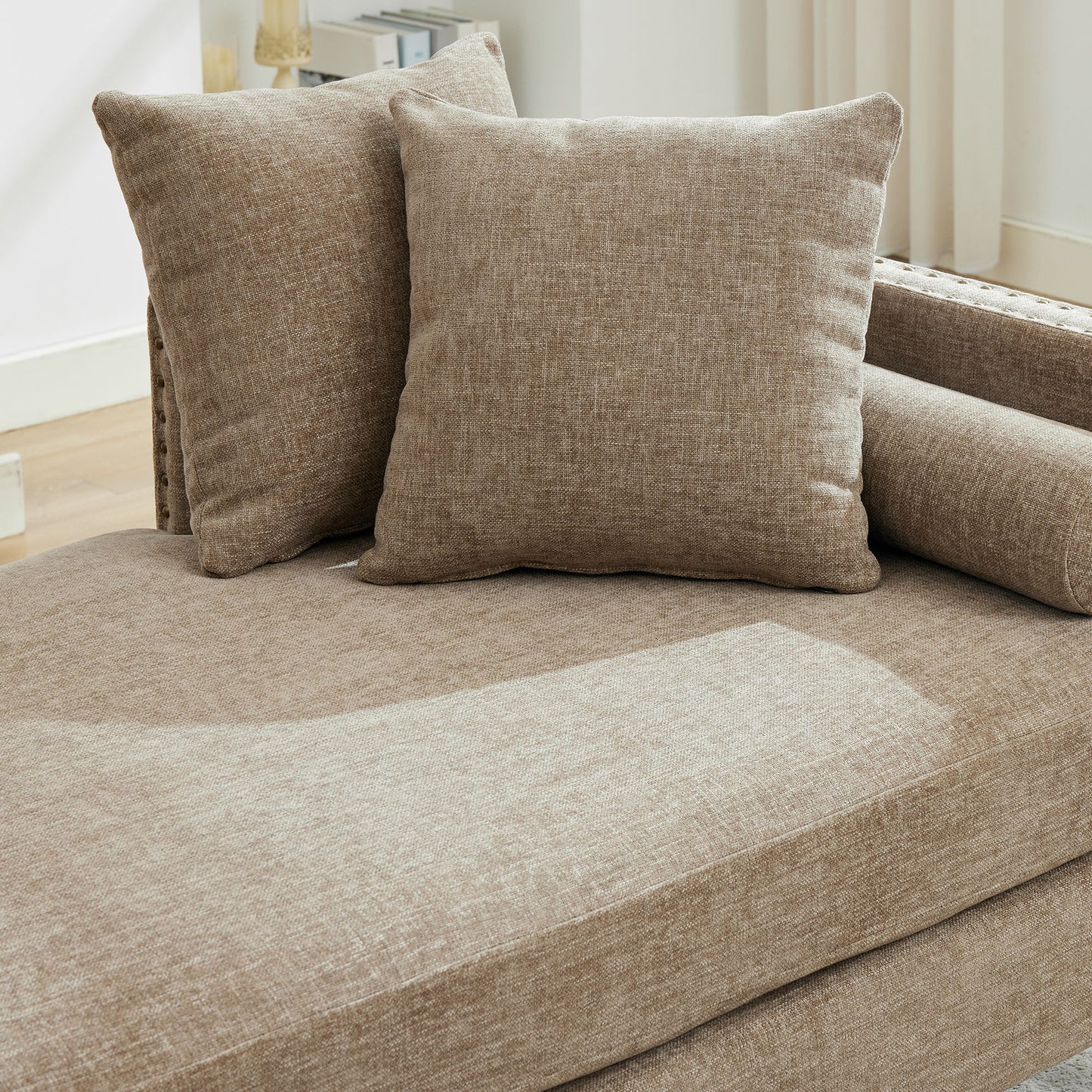 Upholstered Chaise Lounge Indoor With Nailheads, Sleeper Sofa Couch With 4 Throw Pillows & 2 Bolsters, Daybed With Rubberwood Legs - Taupe