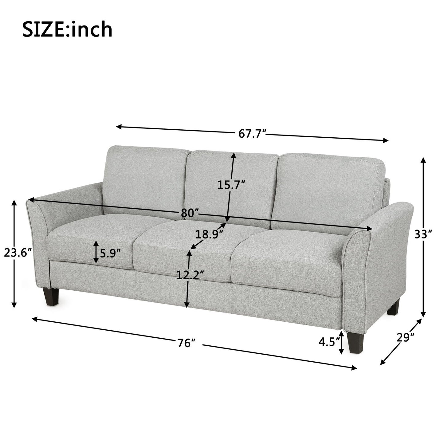 3 Seat Sofa Living Room Sofa - Light Gray