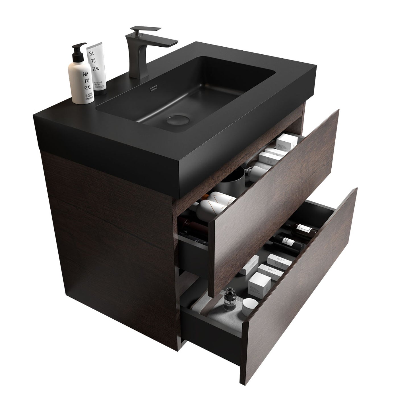 Alice - 30" Bathroom Vanity With Sink, Large Storage Wall Mounted Floating Bathroom Vanity For Modern Bathroom, One-Piece Sink Basin Without Drain And Faucet - Walnut / Black