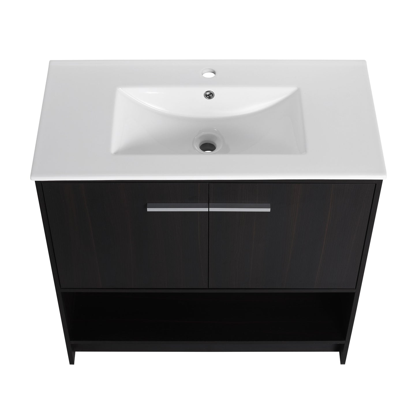 Modern 36" Bathroom Vanity With Ceramic Sink And Soft Closing Doors - Dark Oak
