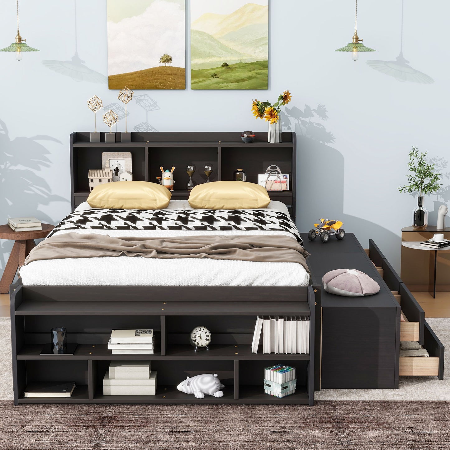 Full Bed With Bookcase Headboard, Under Bed Storage Drawers And Bed End Storage Case - Espresso