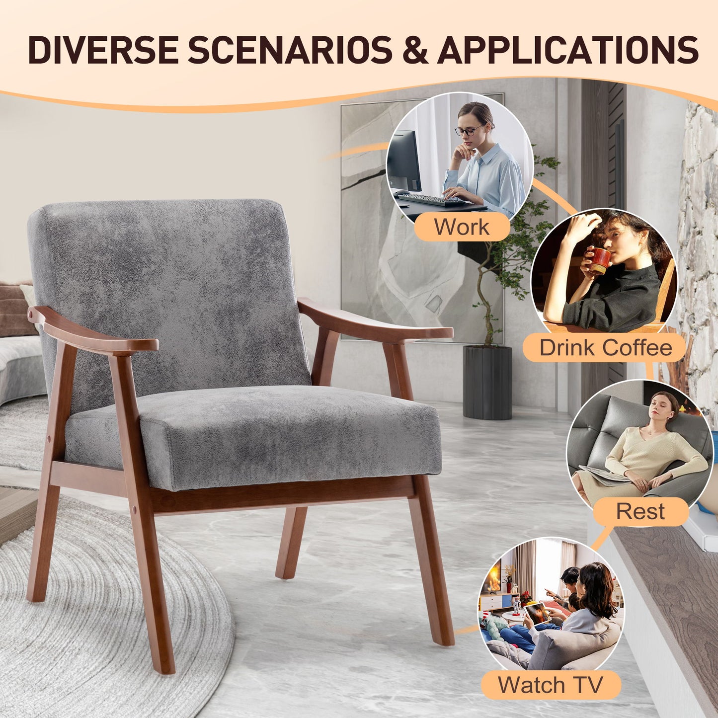 Mid Century Modern Wingback Accent Chair With Solid Wood Frame And Extra Thick Backrest - Lounge Chair For Living Room, Bedroom, Or Reading Room - Gray