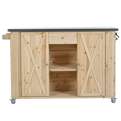 Outdoor Kitchen Island Fir Wood Kitchen Island With Stainless Steel Top, Ample Storage Space, Towel And Spice Racks And A Bottle Opener For Outdoor - Natural