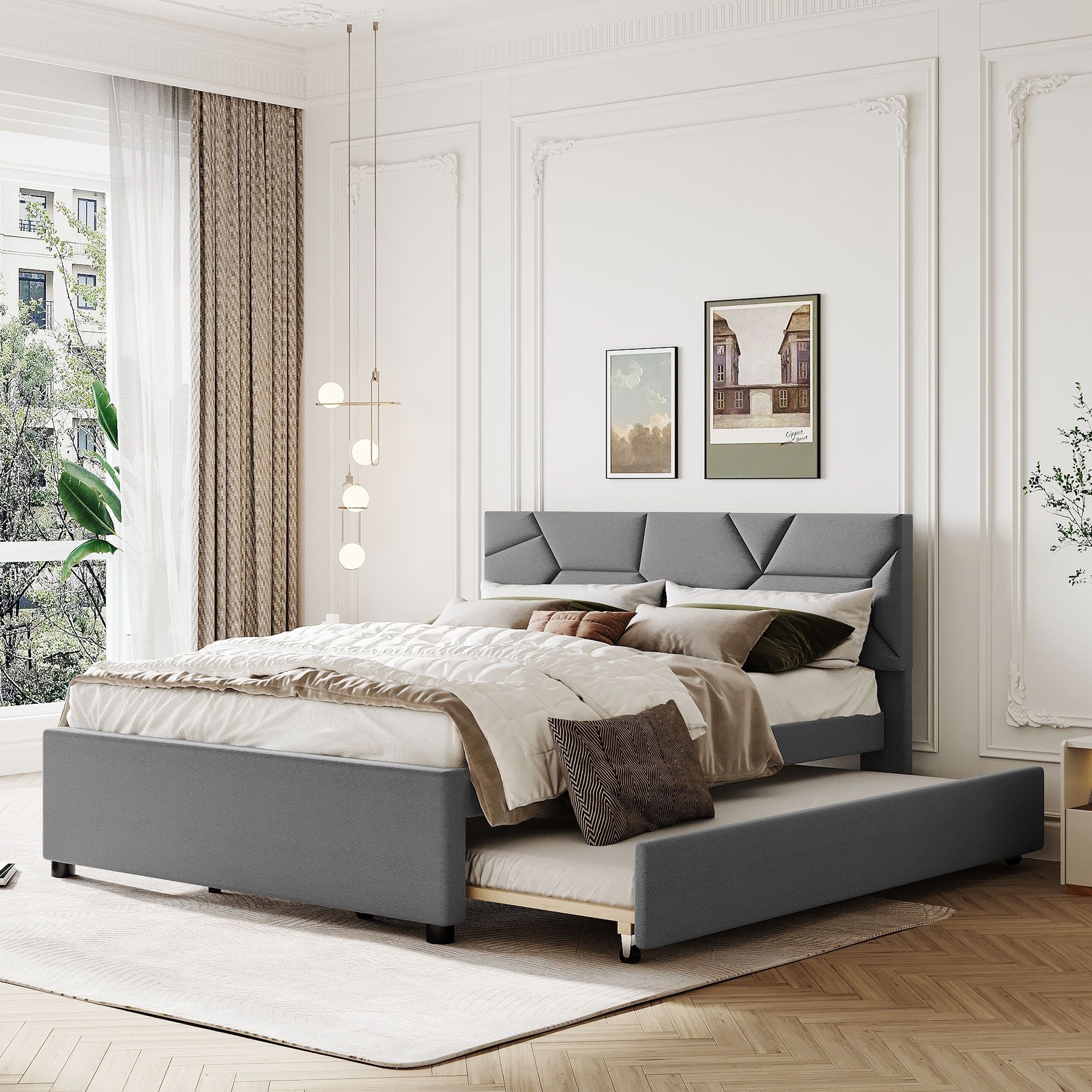 Queen Size Upholstered Platform Bed With Brick Pattern Headboard And Twin Long Size Trundle - Gray