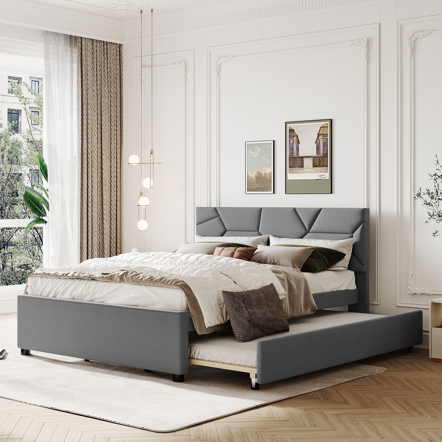 Queen Size Upholstered Platform Bed With Brick Pattern Headboard And Twin Long Size Trundle - Gray