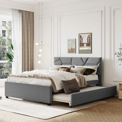 Queen Size Upholstered Platform Bed With Brick Pattern Headboard And Twin Long Size Trundle - Gray