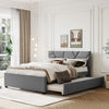 Queen Size Upholstered Platform Bed With Brick Pattern Headboard And Twin Long Size Trundle - Gray