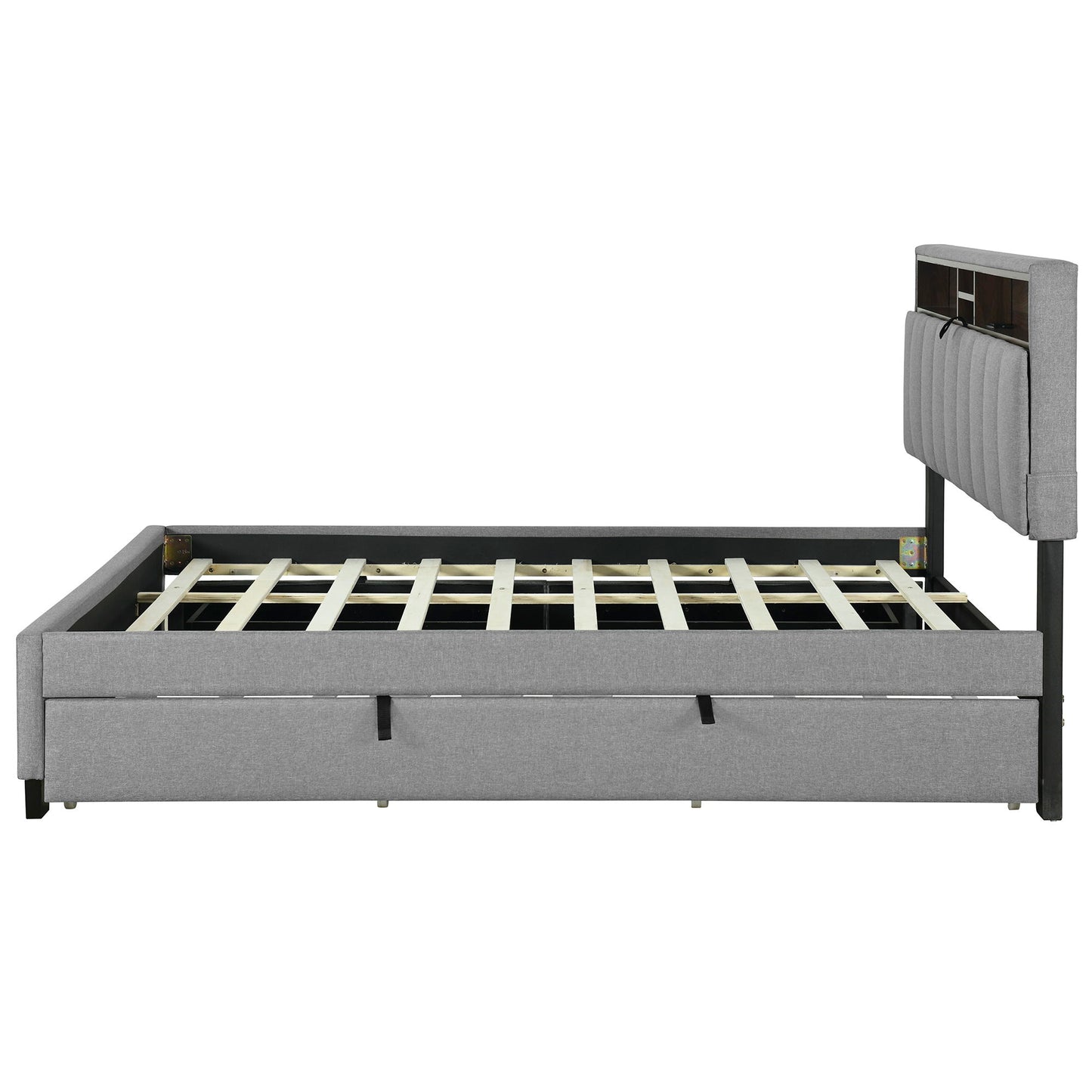 Queen Size Upholstered Platform Bed With Storage Headboard, Twin Long Size Trundle & 2 Drawers And A Set Of Sockets & USB Ports - Gray