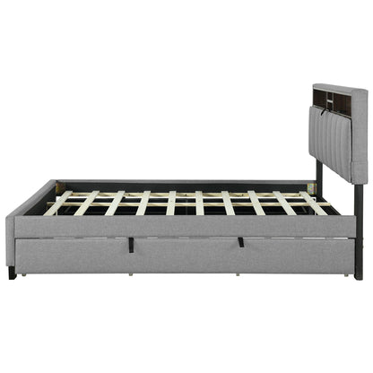 Queen Size Upholstered Platform Bed With Storage Headboard, Twin Long Size Trundle & 2 Drawers And A Set Of Sockets & USB Ports - Gray