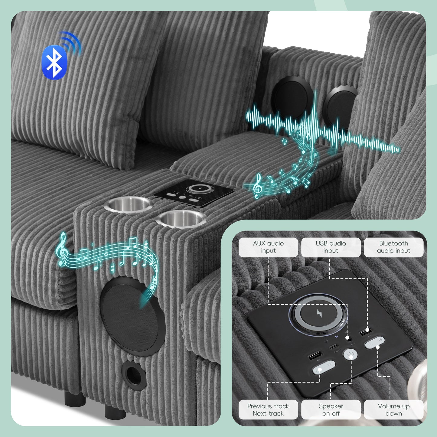 Sectional With Bluetooth Speakers L Shaped Couch With Console USB Charger, Cup Holders Storage Ottoman Deep And Wide Seat Cloud Sofa - Dark Gray