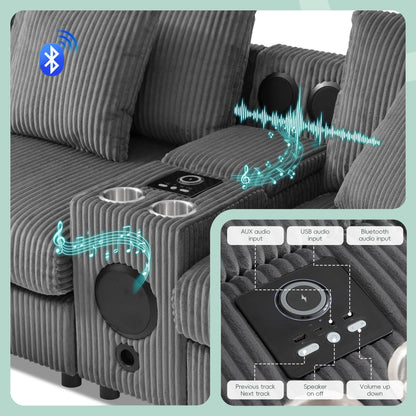 Sectional With Bluetooth Speakers L Shaped Couch With Console USB Charger, Cup Holders Storage Ottoman Deep And Wide Seat Cloud Sofa - Dark Gray