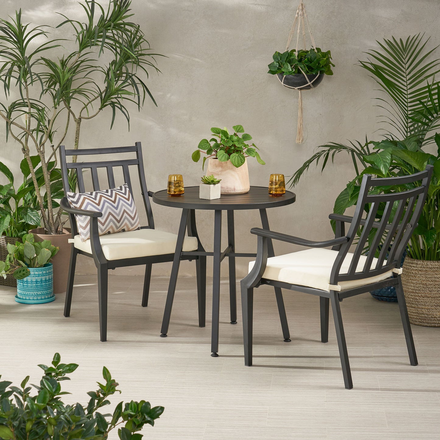 3 Piece Metal Bistro Set With 2 Curved Armrest Chairs - Black