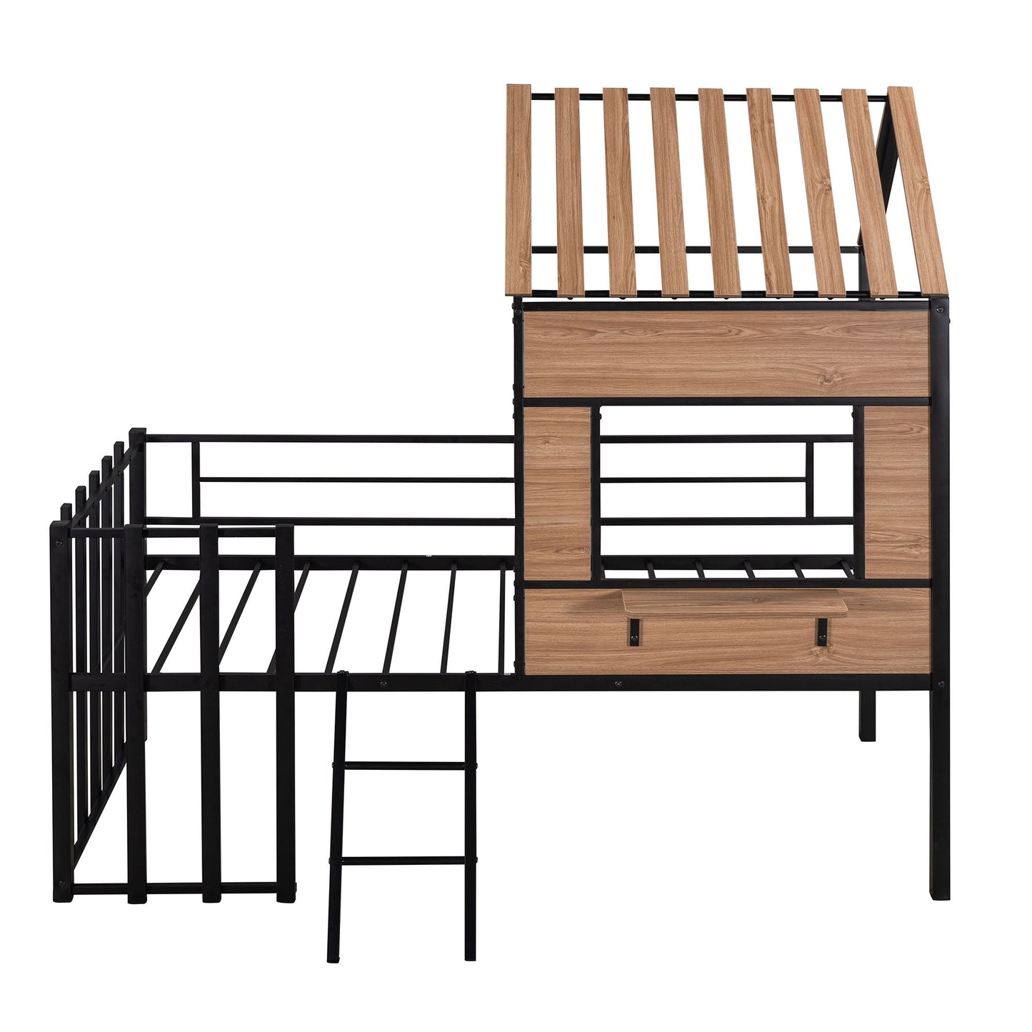 Twin Size Loft Bed With Roof, Window, Guardrail, Ladder - Black