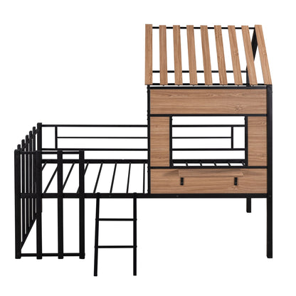 Twin Size Loft Bed With Roof, Window, Guardrail, Ladder - Black