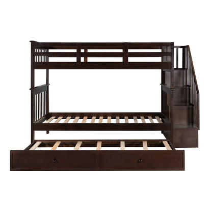 Twin Over Twin Stairway Bunk Bed With Twin Size Trundle For Bedroom - Espresso